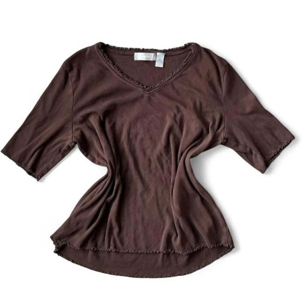 Y2K Liz Claiborne Brown V Neck Ruffle Half Sleeve Blouse Size XL